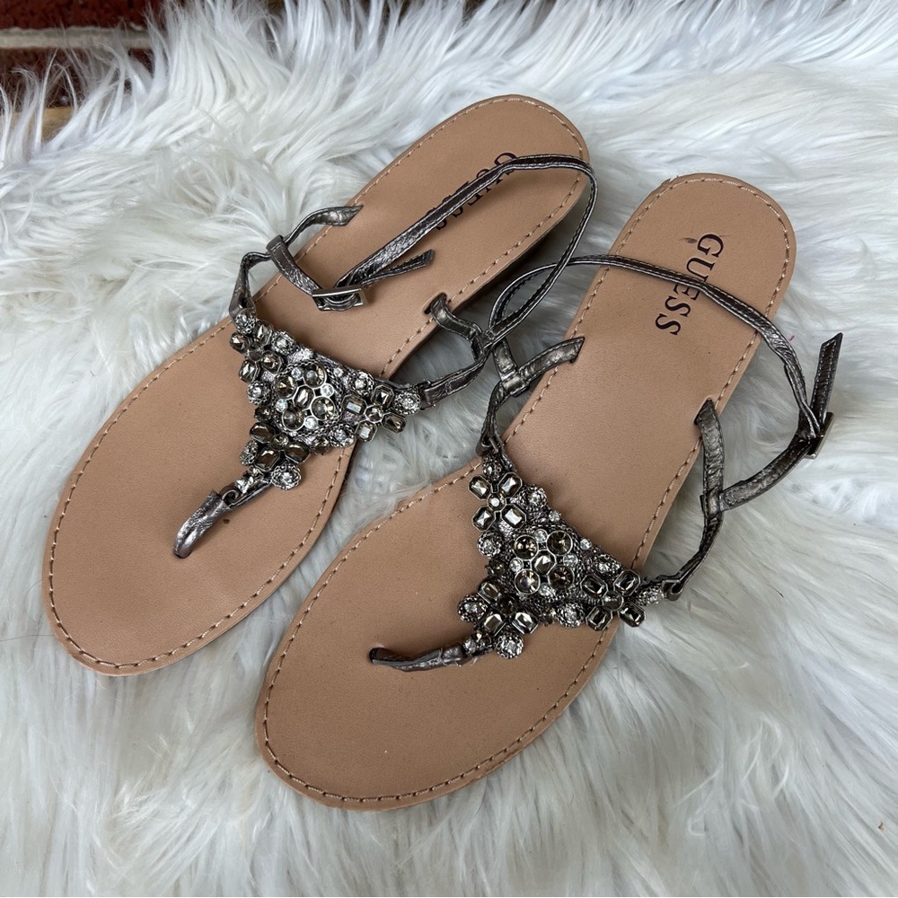 Guess Tan and Silver Rhinestone Embellished Slip On Wedge Gladiator Sandals